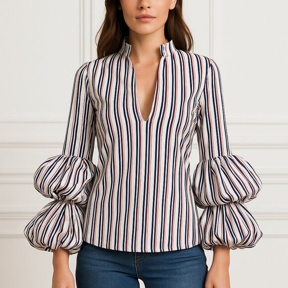 Greysn Striped Tiered Blouson Puff Sleeve Top NWT - Picture 1 of 9
